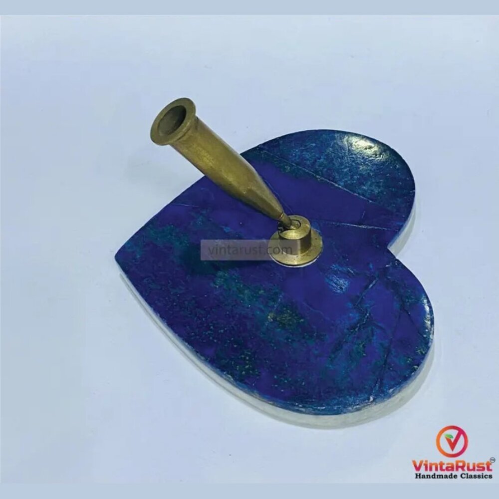 Heart Shaped Lapis Lazuli Pen Holder: Handmade Brass Desk Accessory - Picture 1 of 4
